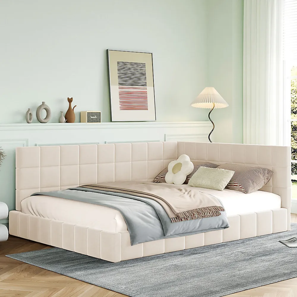 Okwish Lit Double 140x200 cm - Lit Canapé enfant, Structure Robuste avec Velours Doux au Toucher, Sans Matelas - Beige* Lit Double
