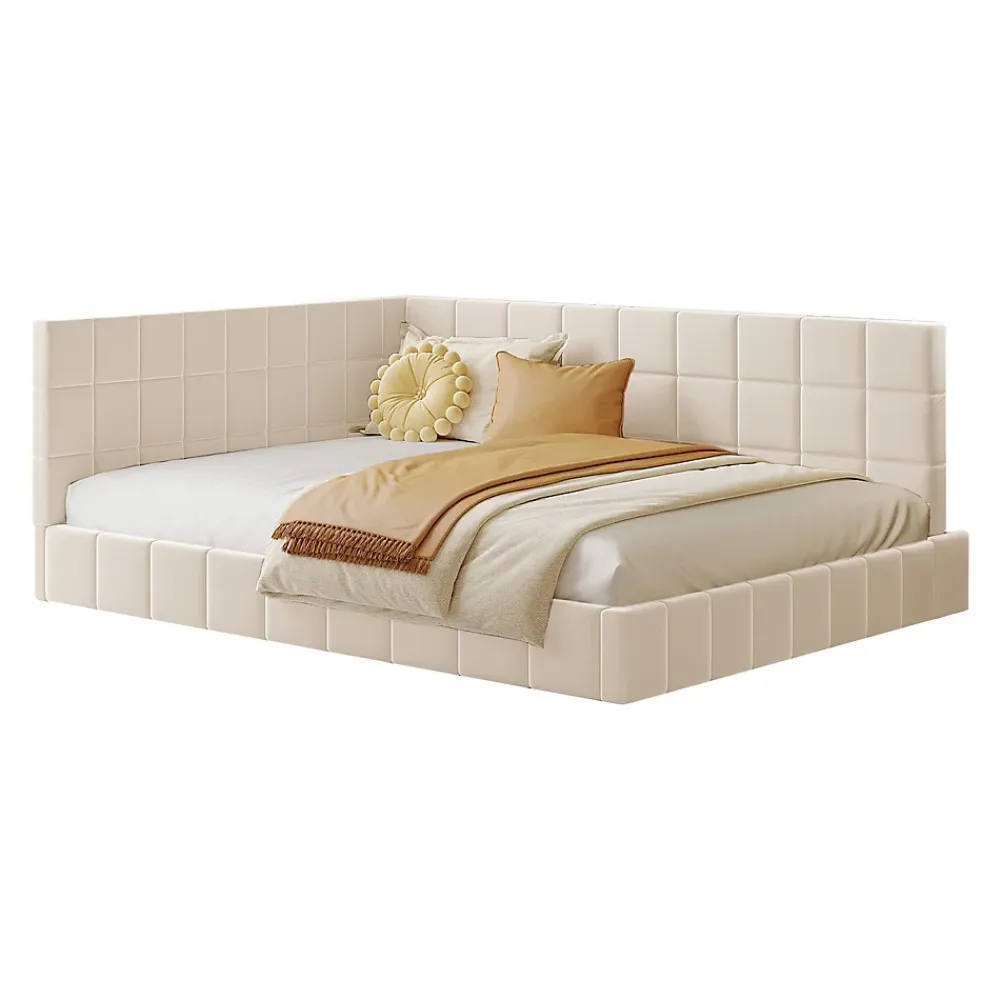 Okwish Lit Double 140x200 cm - Lit Canapé enfant, Structure Robuste avec Velours Doux au Toucher, Sans Matelas - Beige* Lit Double