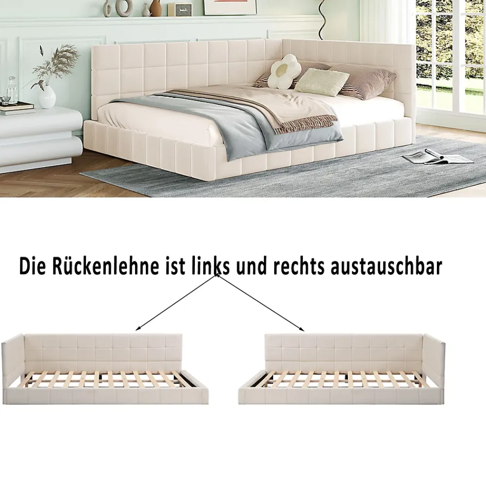 Okwish Lit Double 140x200 cm - Lit Canapé enfant, Structure Robuste avec Velours Doux au Toucher, Sans Matelas - Beige* Lit Double
