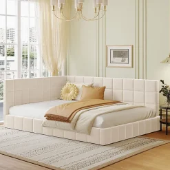 Okwish Lit Double 140x200 cm - Lit Canapé enfant, Structure Robuste avec Velours Doux au Toucher, Sans Matelas - Beige* Lit Double