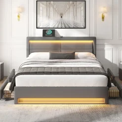 Lit Double 140x190 cm - Lit Capitonné PU avec Rangement et Éclairage LED Intégré - Gris - Sans Matelas>Okwish Online