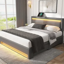 Lit Double 140x190 cm - Lit Capitonné PU avec Rangement et Éclairage LED Intégré - Gris - Sans Matelas><noscript><img width=