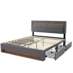 Lit Double 140x190 cm - Lit Capitonné PU avec Rangement et Éclairage LED Intégré - Gris - Sans Matelas><noscript><img width=