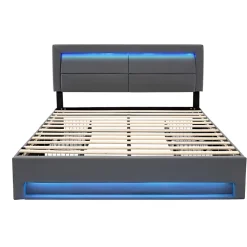 Lit Double 140x190 cm - Lit Capitonné PU avec Rangement et Éclairage LED Intégré - Gris - Sans Matelas><noscript><img width=