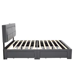 Lit Double 140x190 cm - Lit Capitonné PU avec Rangement et Éclairage LED Intégré - Gris - Sans Matelas><noscript><img width=