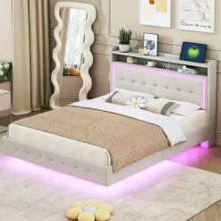 Lit Double 140x200 cm - Lit capitonné Adulte avec LED Intégrée et Port USB, Pieds Cachés Lin Beige>Okwish Hot