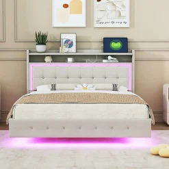 Lit Double 140x200 cm - Lit capitonné Adulte avec LED Intégrée et Port USB, Pieds Cachés Lin Beige>Okwish Hot