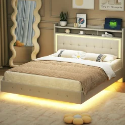Lit Double 140x200 cm - Lit capitonné Adulte avec LED Intégrée et Port USB, Pieds Cachés Lin Beige><noscript><img width=