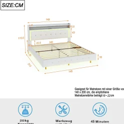 Lit Double 140x200 cm - Lit capitonné Adulte avec LED Intégrée et Port USB, Pieds Cachés Lin Beige><noscript><img width=
