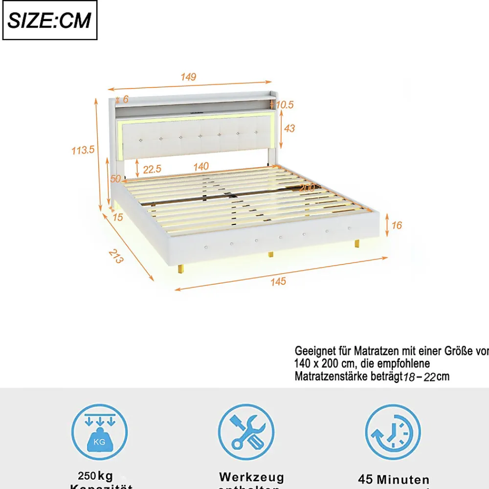 Lit Double 140x200 cm - Lit capitonné Adulte avec LED Intégrée et Port USB, Pieds Cachés Lin Beige>Okwish Hot