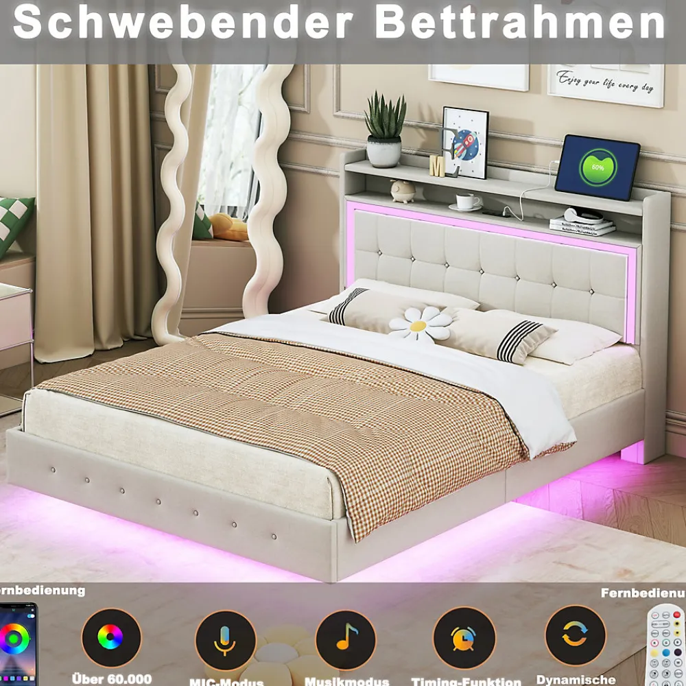 Lit Double 140x200 cm - Lit capitonné Adulte avec LED Intégrée et Port USB, Pieds Cachés Lin Beige>Okwish Hot