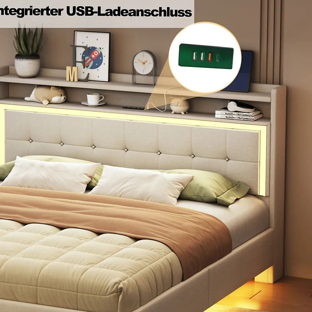 Lit Double 140x200 cm - Lit capitonné Adulte avec LED Intégrée et Port USB, Pieds Cachés Lin Beige>Okwish Hot