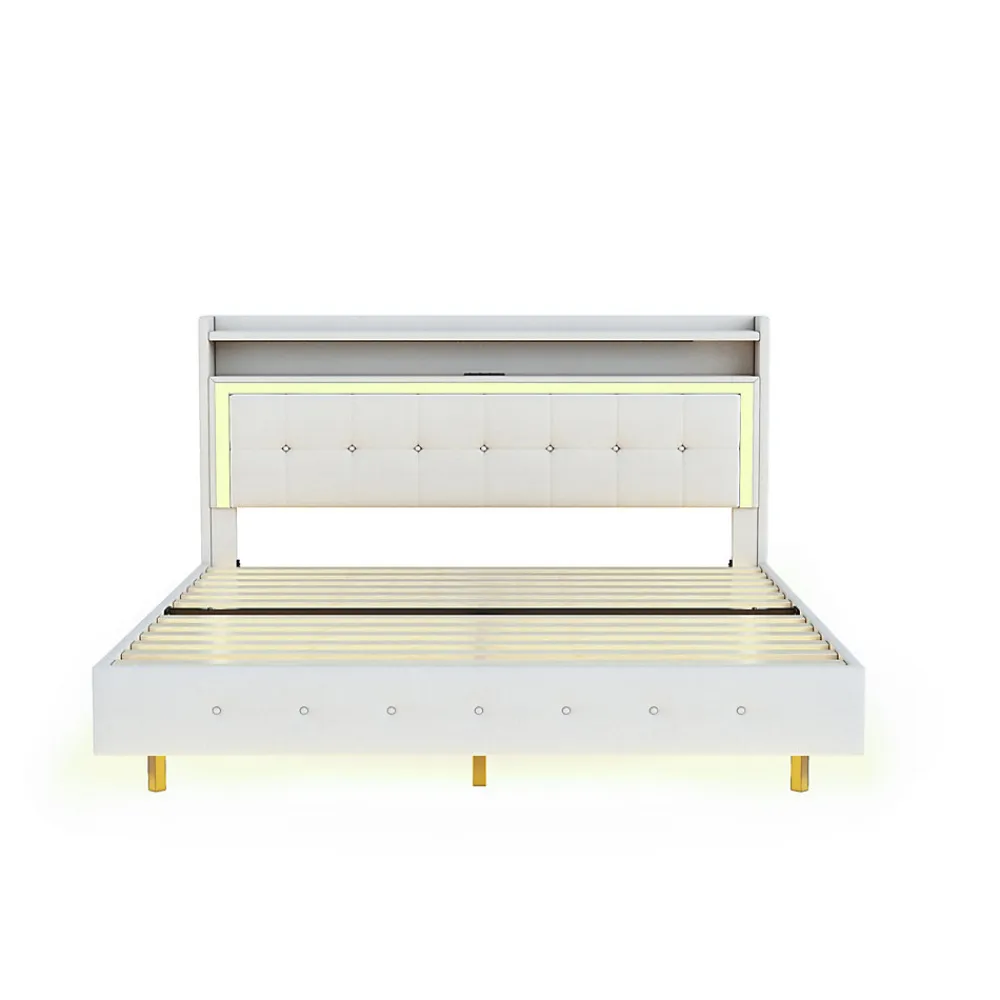 Lit Double 140x200 cm - Lit capitonné Adulte avec LED Intégrée et Port USB, Pieds Cachés Lin Beige>Okwish Hot