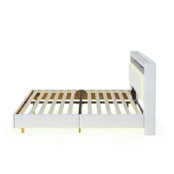 Lit Double 140x200 cm - Lit capitonné Adulte avec LED Intégrée et Port USB, Pieds Cachés Lin Beige><noscript><img width=