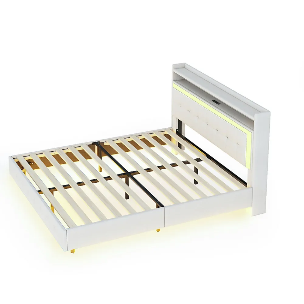 Lit Double 140x200 cm - Lit capitonné Adulte avec LED Intégrée et Port USB, Pieds Cachés Lin Beige>Okwish Hot