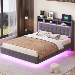 Lit Double 140x200 cm - Lit capitonné Adulte avec LED Intégrée et Port USB, Pieds Cachés Lin Gris>Okwish Discount