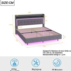 Lit Double 140x200 cm - Lit capitonné Adulte avec LED Intégrée et Port USB, Pieds Cachés Lin Gris><noscript><img width=