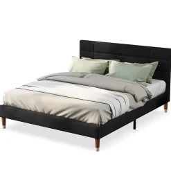 Okwish Lit double 140x200 cm - Lit capitonné avec sommier à lattes - Lin - Sans Matelas - Noir* Lit Double