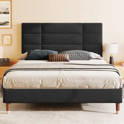 Okwish Lit double 140x200 cm - Lit capitonné avec sommier à lattes - Lin - Sans Matelas - Noir* Lit Double