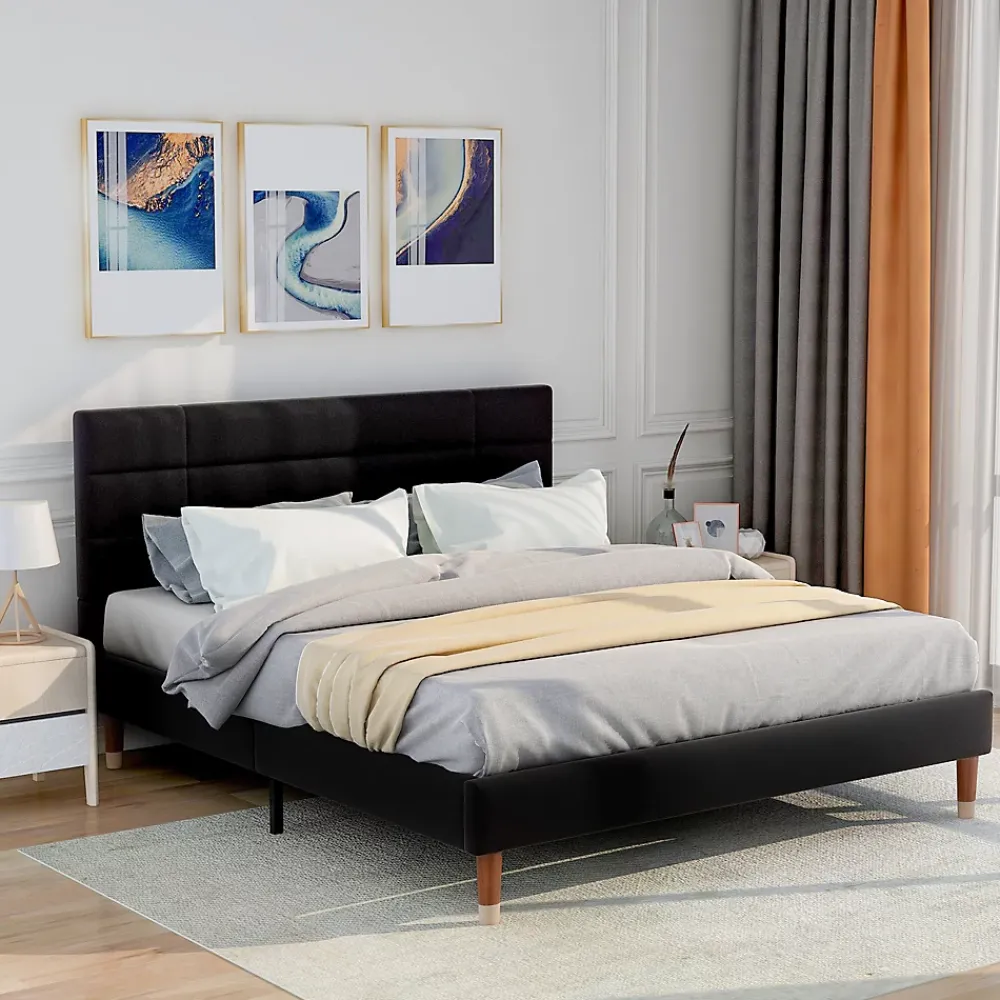 Okwish Lit double 140x200 cm - Lit capitonné avec sommier à lattes - Lin - Sans Matelas - Noir* Lit Double