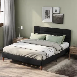 Okwish Lit double 140x200 cm - Lit capitonné avec sommier à lattes - Lin - Sans Matelas - Noir* Lit Double