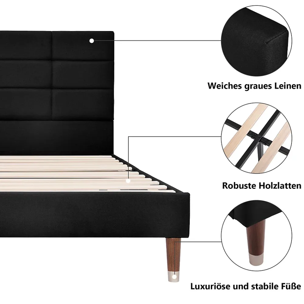 Okwish Lit double 140x200 cm - Lit capitonné avec sommier à lattes - Lin - Sans Matelas - Noir* Lit Double