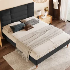 Okwish Lit double 140x200 cm - Lit capitonné avec sommier à lattes - Lin - Sans Matelas - Noir* Lit Double