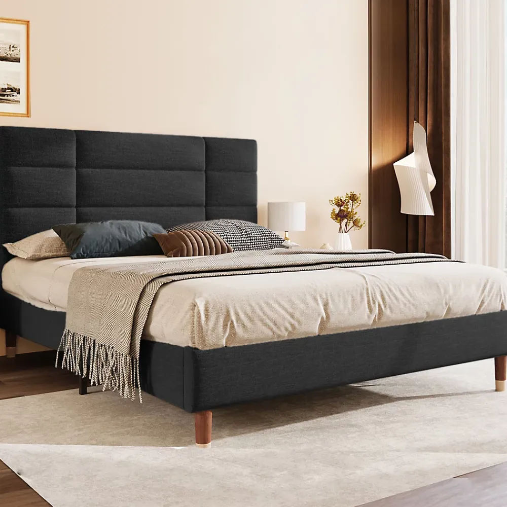 Okwish Lit double 140x200 cm - Lit capitonné avec sommier à lattes - Lin - Sans Matelas - Noir* Lit Double