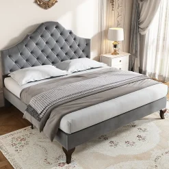 Lit Double 140x200 cm - Lit Capitonné en Velours avec Tête de Lit Réglable, Sommier à Lattes en Bois, Sans Matelas - Gris>Okwish Sale