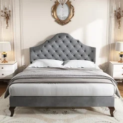 Lit Double 140x200 cm - Lit Capitonné en Velours avec Tête de Lit Réglable, Sommier à Lattes en Bois, Sans Matelas - Gris><noscript><img width=