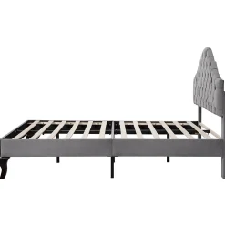 Lit Double 140x200 cm - Lit Capitonné en Velours avec Tête de Lit Réglable, Sommier à Lattes en Bois, Sans Matelas - Gris><noscript><img width=