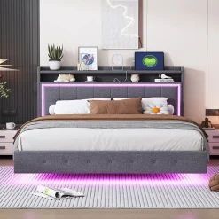 Okwish Lit Double 160x200 cm - Lit capitonné Adulte avec LED Intégrée et Port USB, Pieds Cachés Lin Gris* Lit Double