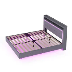 Okwish Lit Double 160x200 cm - Lit capitonné Adulte avec LED Intégrée et Port USB, Pieds Cachés Lin Gris* Lit Double