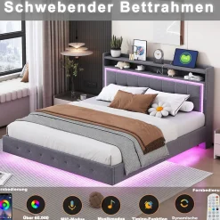 Okwish Lit Double 160x200 cm - Lit capitonné Adulte avec LED Intégrée et Port USB, Pieds Cachés Lin Gris* Lit Double