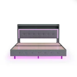 Okwish Lit Double 160x200 cm - Lit capitonné Adulte avec LED Intégrée et Port USB, Pieds Cachés Lin Gris* Lit Double