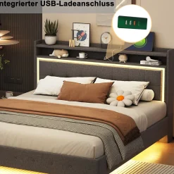 Okwish Lit Double 160x200 cm - Lit capitonné Adulte avec LED Intégrée et Port USB, Pieds Cachés Lin Gris* Lit Double