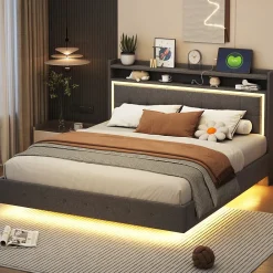 Okwish Lit Double 160x200 cm - Lit capitonné Adulte avec LED Intégrée et Port USB, Pieds Cachés Lin Gris* Lit Double