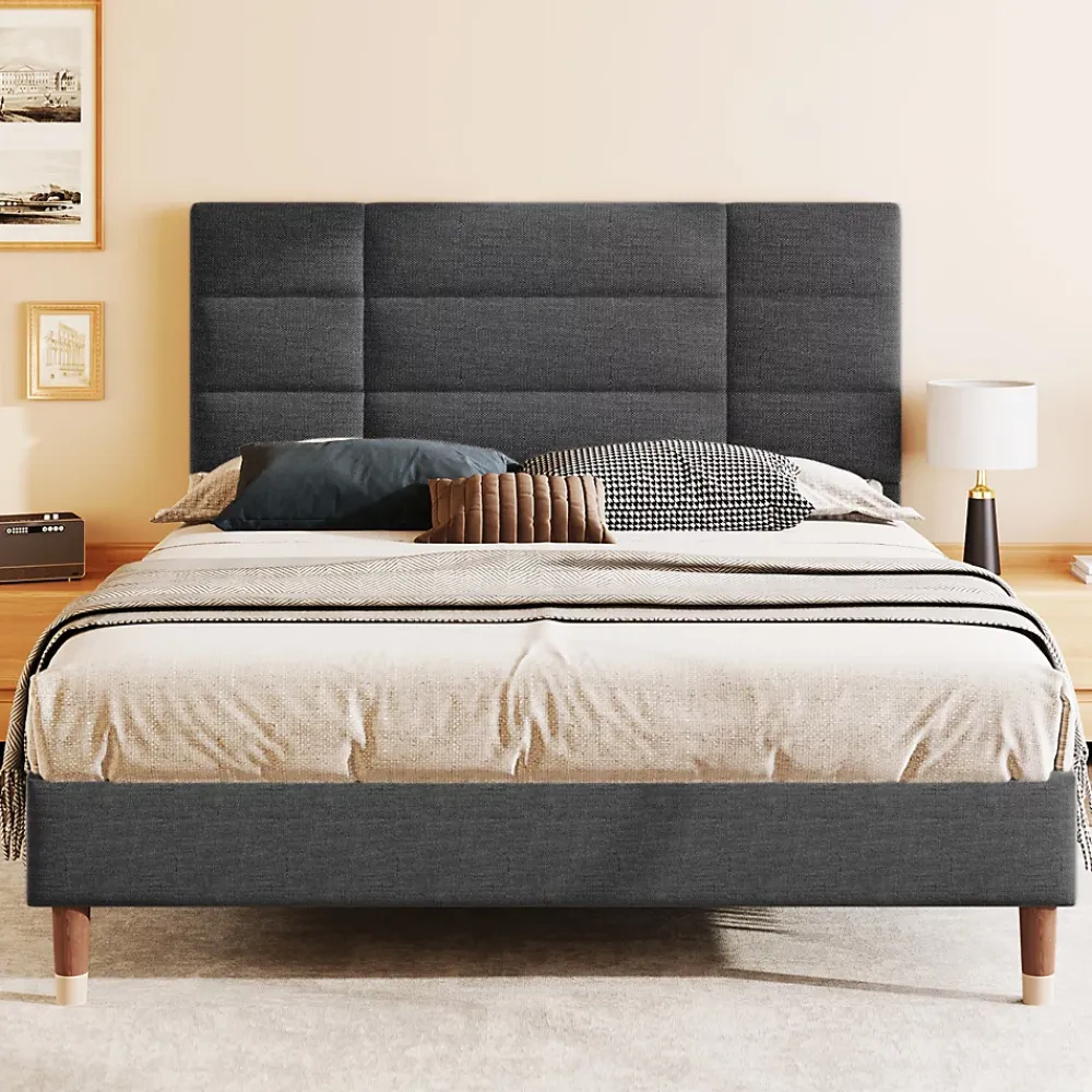 Okwish Lit double 140x200 cm - Lit capitonné avec tête de lit - Lin - Sans Matelas - Gris* Lit Double