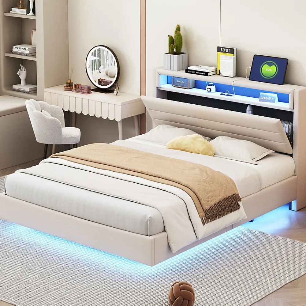 Lit Double 140x200 cm - Lit capitonné Adulte pour Ado avec LED Intégrée et Port USB, Tête de Lit Réversible Lin Gris>Okwish Clearance