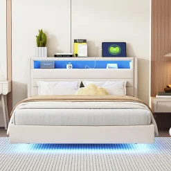 Lit Double 140x200 cm - Lit capitonné Adulte pour Ado avec LED Intégrée et Port USB, Tête de Lit Réversible Lin Gris>Okwish Clearance
