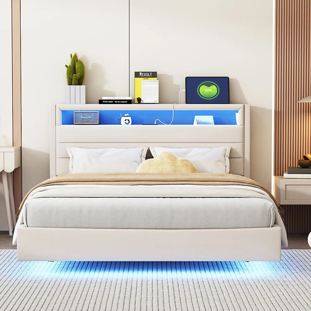 Lit Double 140x200 cm - Lit capitonné Adulte pour Ado avec LED Intégrée et Port USB, Tête de Lit Réversible Lin Gris>Okwish Clearance