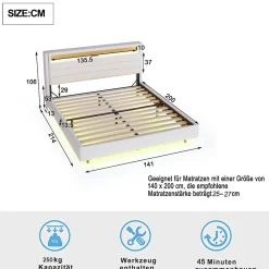 Lit Double 140x200 cm - Lit capitonné Adulte pour Ado avec LED Intégrée et Port USB, Tête de Lit Réversible Lin Gris><noscript><img width=