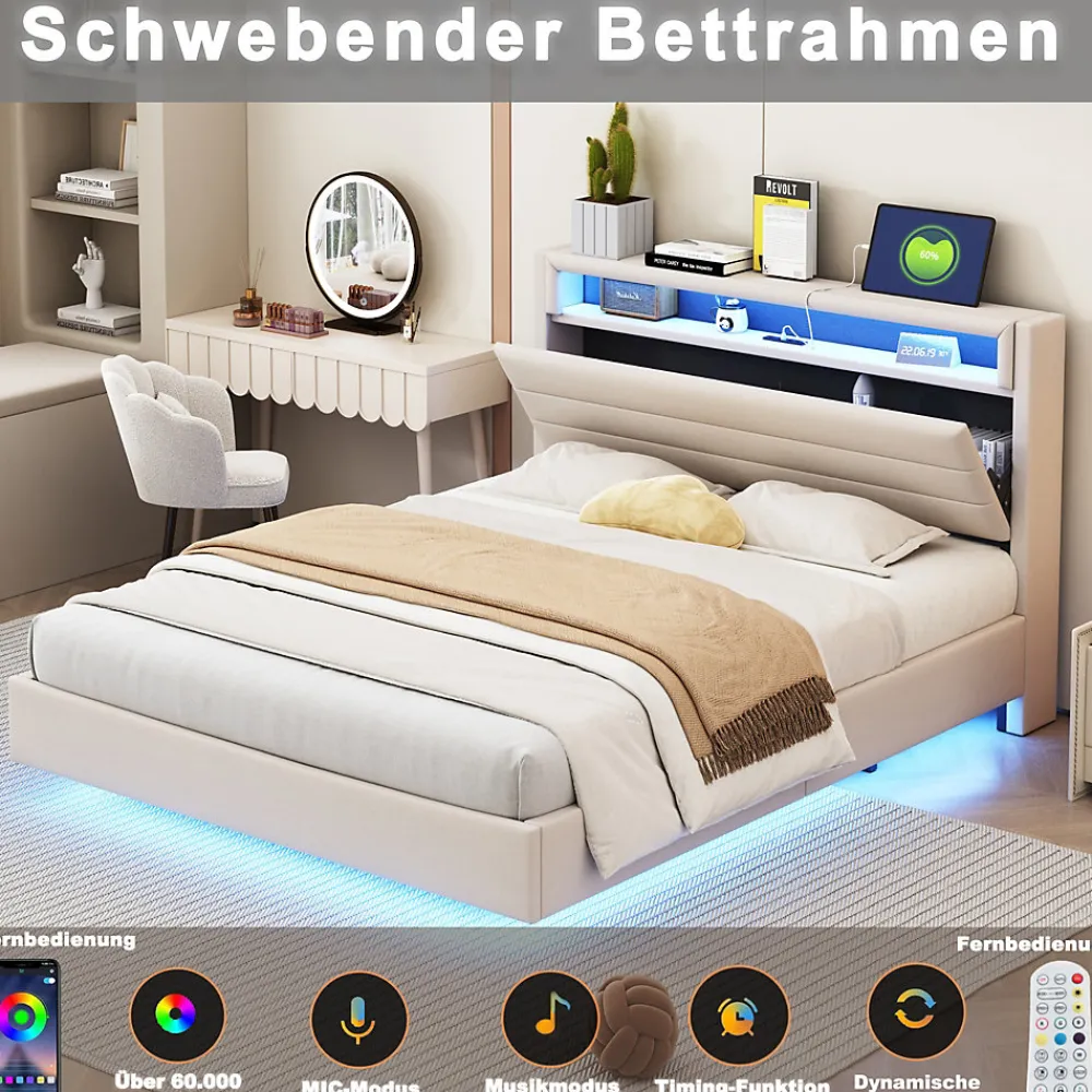 Lit Double 140x200 cm - Lit capitonné Adulte pour Ado avec LED Intégrée et Port USB, Tête de Lit Réversible Lin Gris>Okwish Clearance