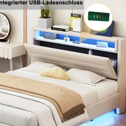 Lit Double 140x200 cm - Lit capitonné Adulte pour Ado avec LED Intégrée et Port USB, Tête de Lit Réversible Lin Gris><noscript><img width=