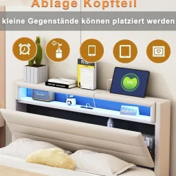 Lit Double 140x200 cm - Lit capitonné Adulte pour Ado avec LED Intégrée et Port USB, Tête de Lit Réversible Lin Gris><noscript><img width=