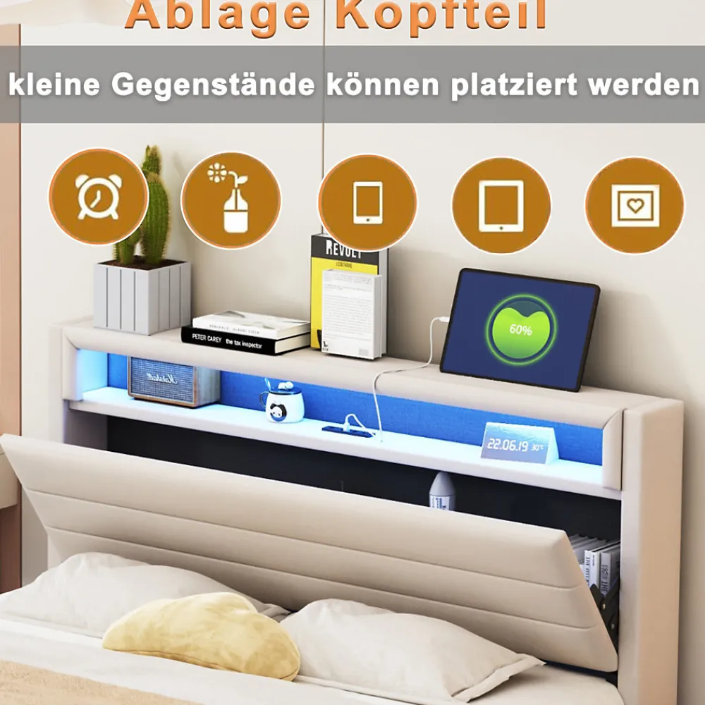 Lit Double 140x200 cm - Lit capitonné Adulte pour Ado avec LED Intégrée et Port USB, Tête de Lit Réversible Lin Gris>Okwish Clearance