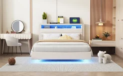 Lit Double 140x200 cm - Lit capitonné Adulte pour Ado avec LED Intégrée et Port USB, Tête de Lit Réversible Lin Gris><noscript><img width=