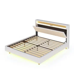 Lit Double 140x200 cm - Lit capitonné Adulte pour Ado avec LED Intégrée et Port USB, Tête de Lit Réversible Lin Gris><noscript><img width=