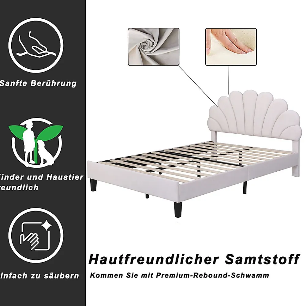 Lit Double 140x200 cm - Lit Capitonné enfant/Adulte avec Tête de Lit et Sommier à Lattes, Velours, Beige, Sans Matelas>Okwish Best