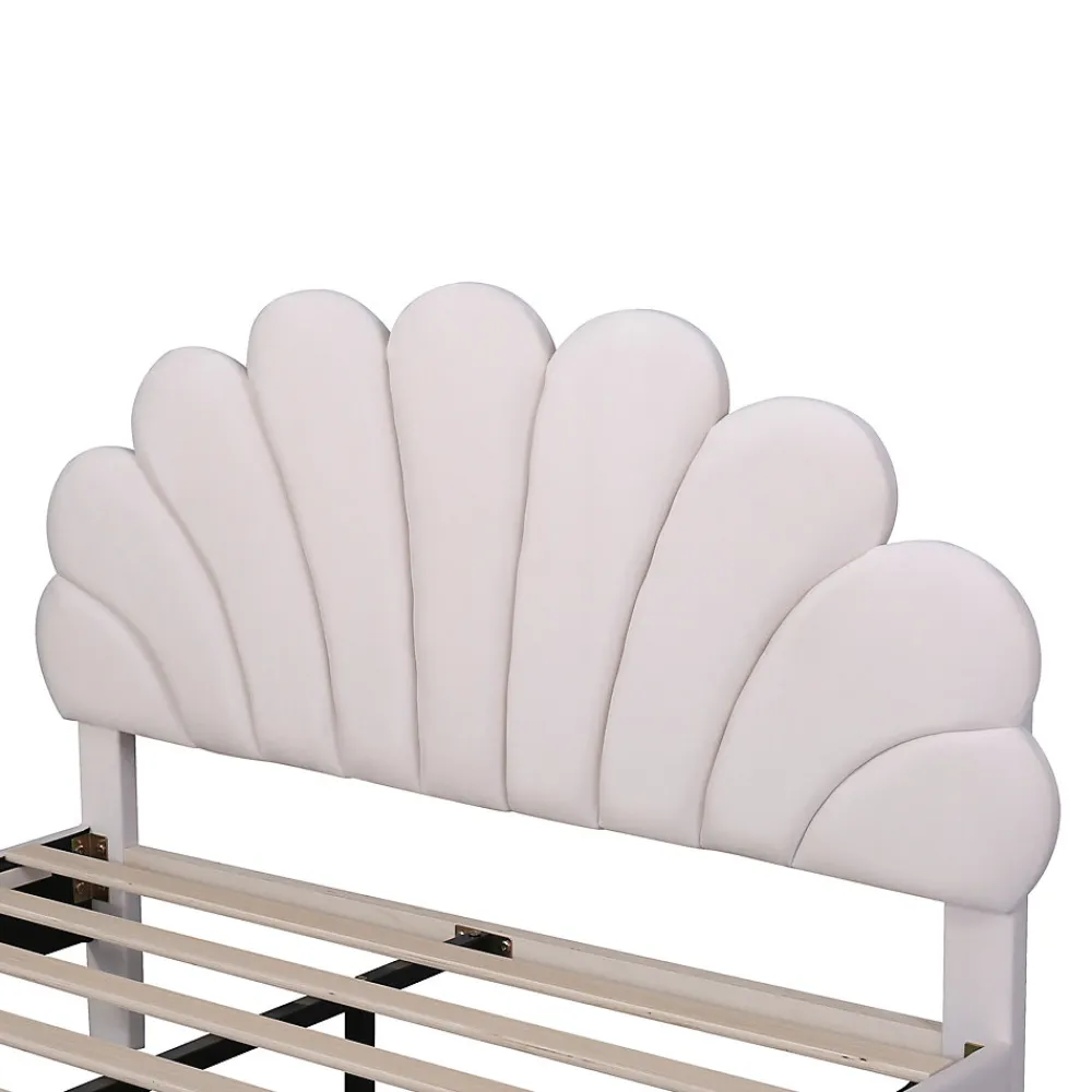 Lit Double 140x200 cm - Lit Capitonné enfant/Adulte avec Tête de Lit et Sommier à Lattes, Velours, Beige, Sans Matelas>Okwish Best